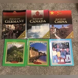 3 books from A True Book series & 3 from World in Focus World Almanac’s Library